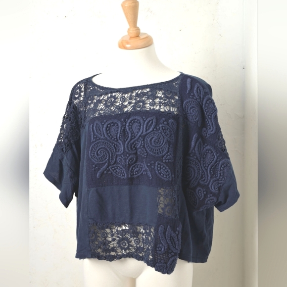 akemi + kin Tops - Akemi + kin | Oversized navy blue patch work lace women's t shirt